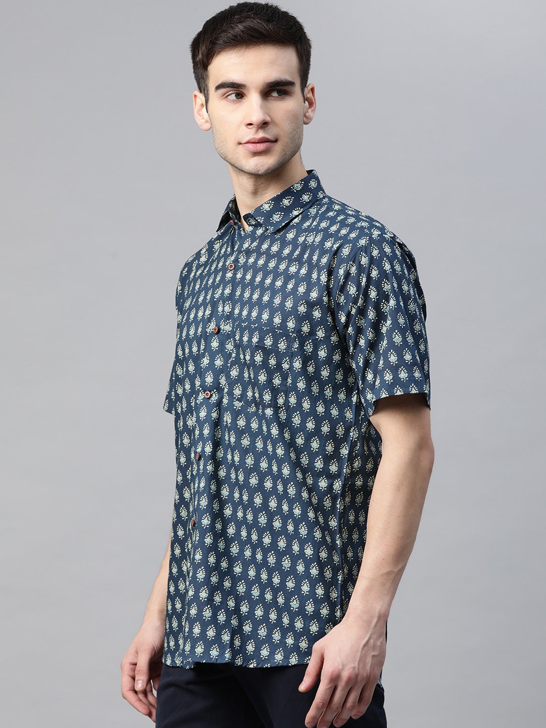 Men's Blue Cotton Half Sleeves Shirt - Taantav