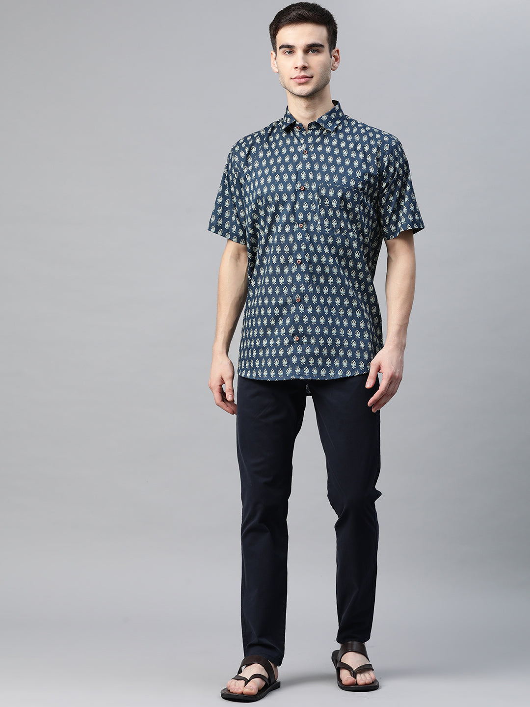 Men's Blue Cotton Half Sleeves Shirt - Taantav