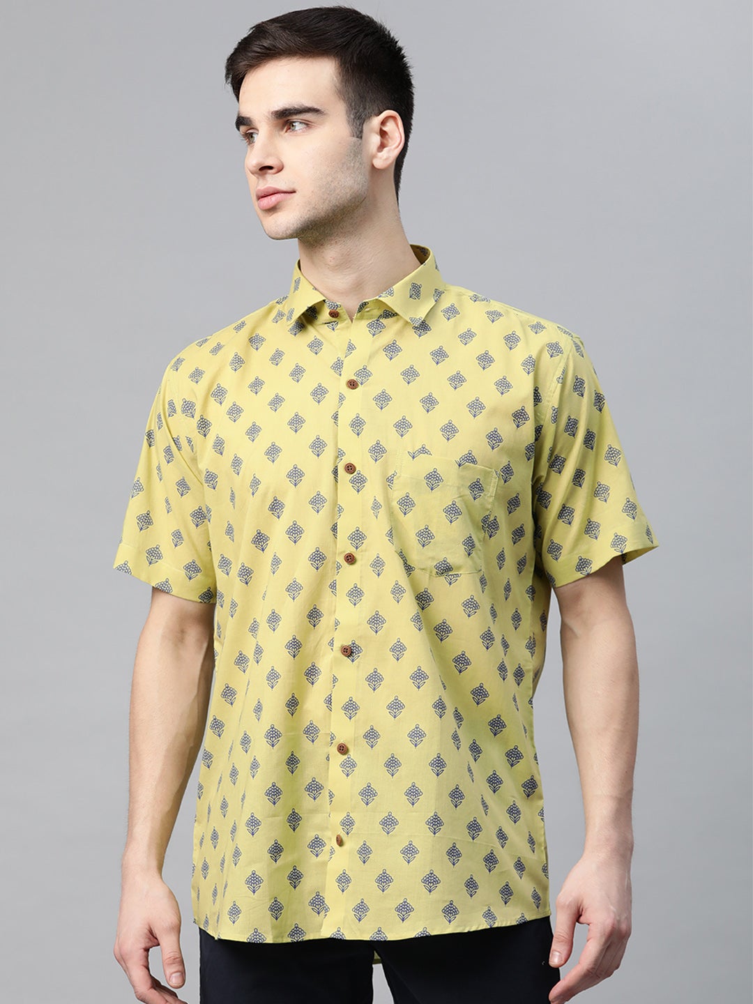 Men's Lime Green Cotton Half Sleeves Shirt - Taantav