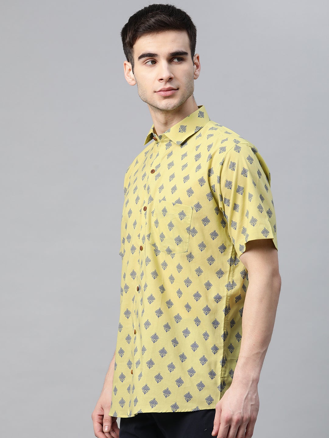 Men's Lime Green Cotton Half Sleeves Shirt - Taantav