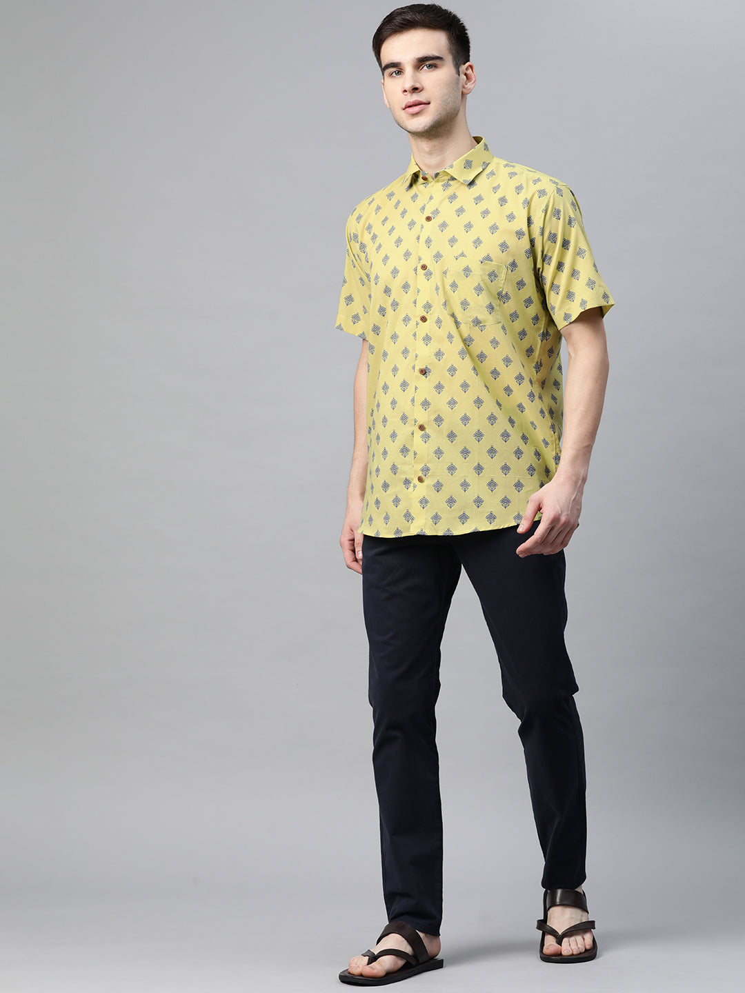 Men's Lime Green Cotton Half Sleeves Shirt - Taantav