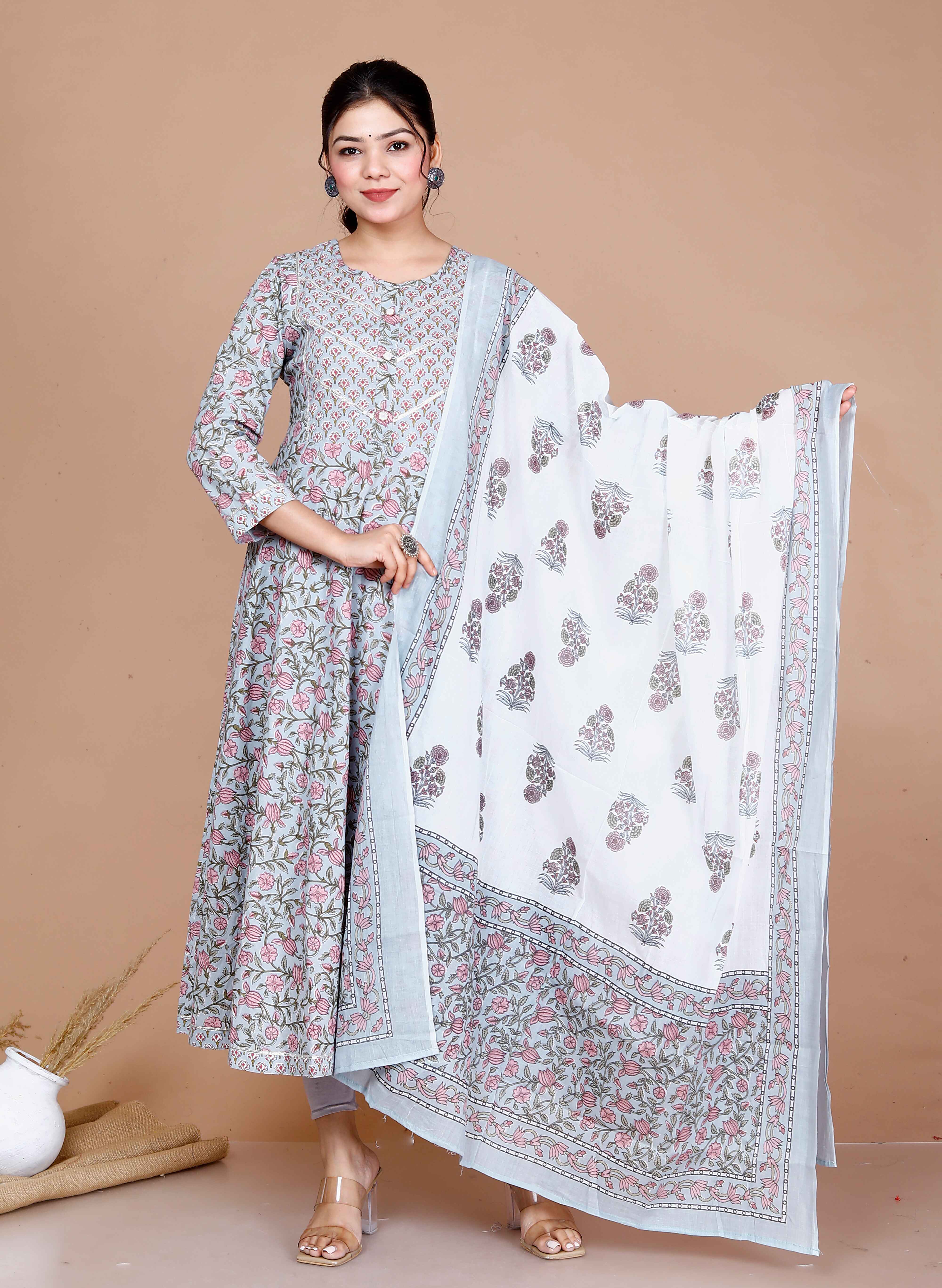 Women'S Plus Size Blue Printed With Gota Patti Work Anarkali Kurta With Dupatta - Miravan