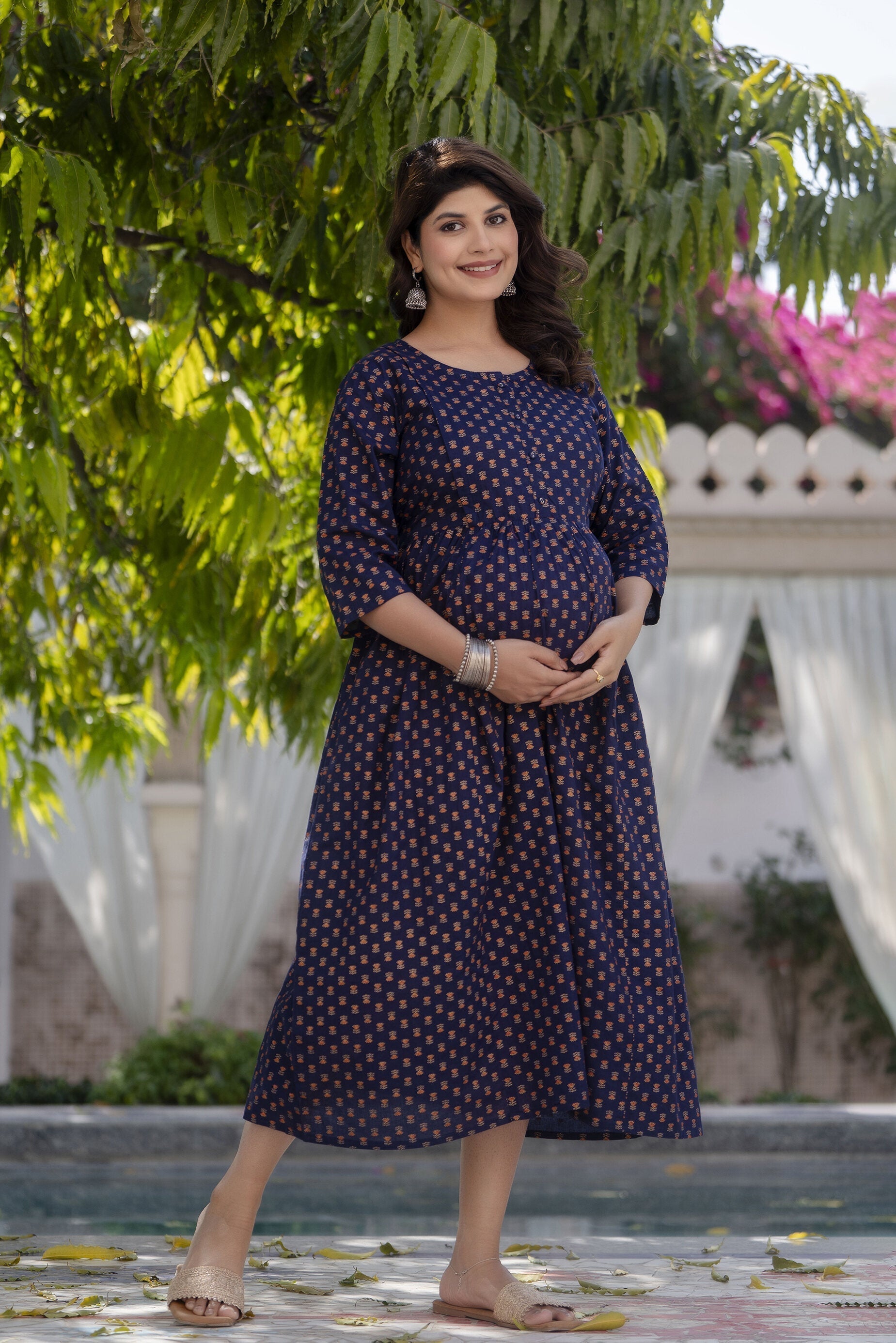 Women's Navy Blue Printed Flared Maternity Dress - Taantav