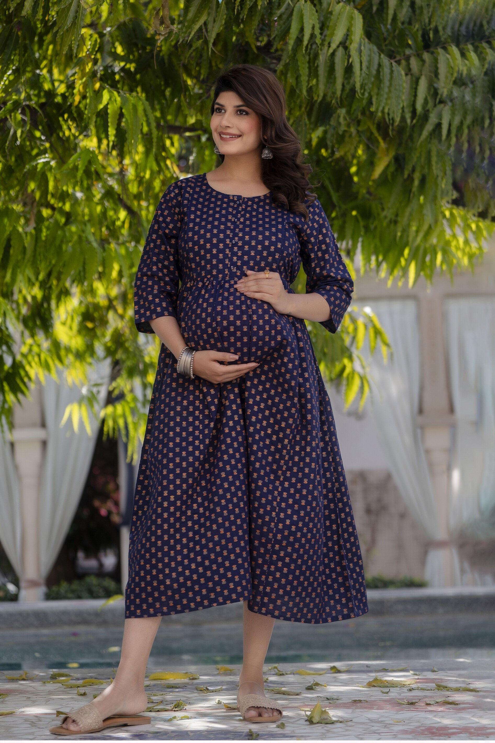 Women's Navy Blue Printed Flared Maternity Dress - Taantav