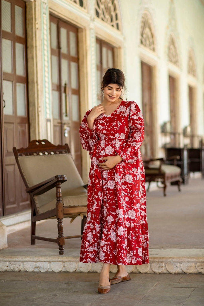 Women's Red Printed Flared Maternity Dress