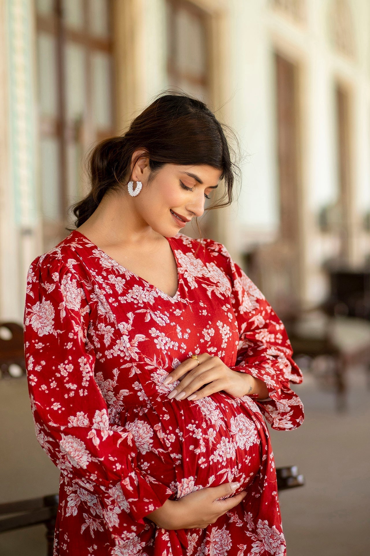 Women's Red Printed Flared Maternity Dress - Taantav