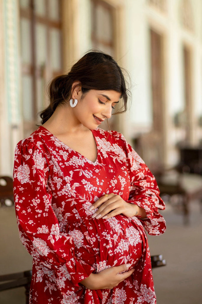 Women's Red Printed Flared Maternity Dress