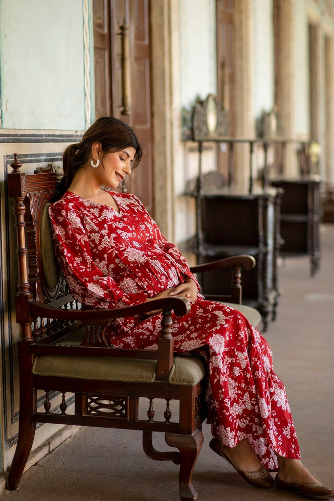 Women's Red Printed Flared Maternity Dress