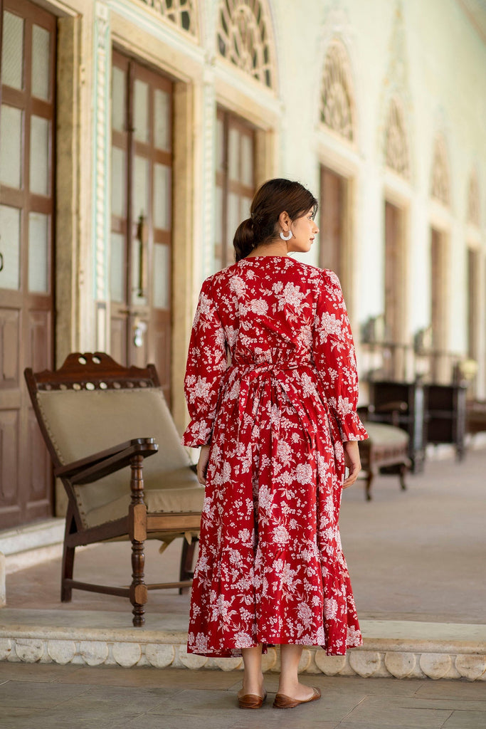 Women's Red Printed Flared Maternity Dress