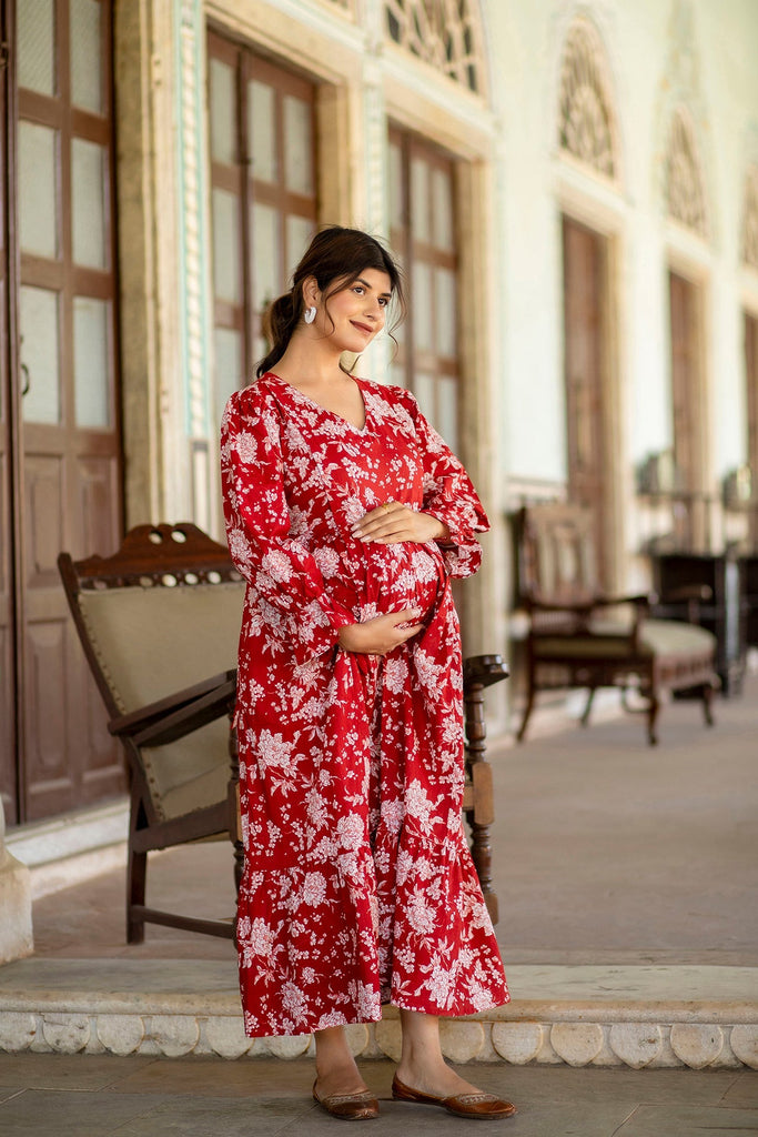 Women's Red Printed Flared Maternity Dress