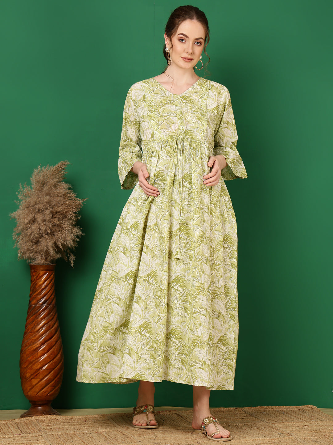 Women's Green Printed Flared Maternity Dress - Taantav