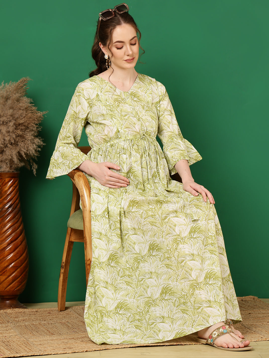 Women's Green Printed Flared Maternity Dress - Taantav