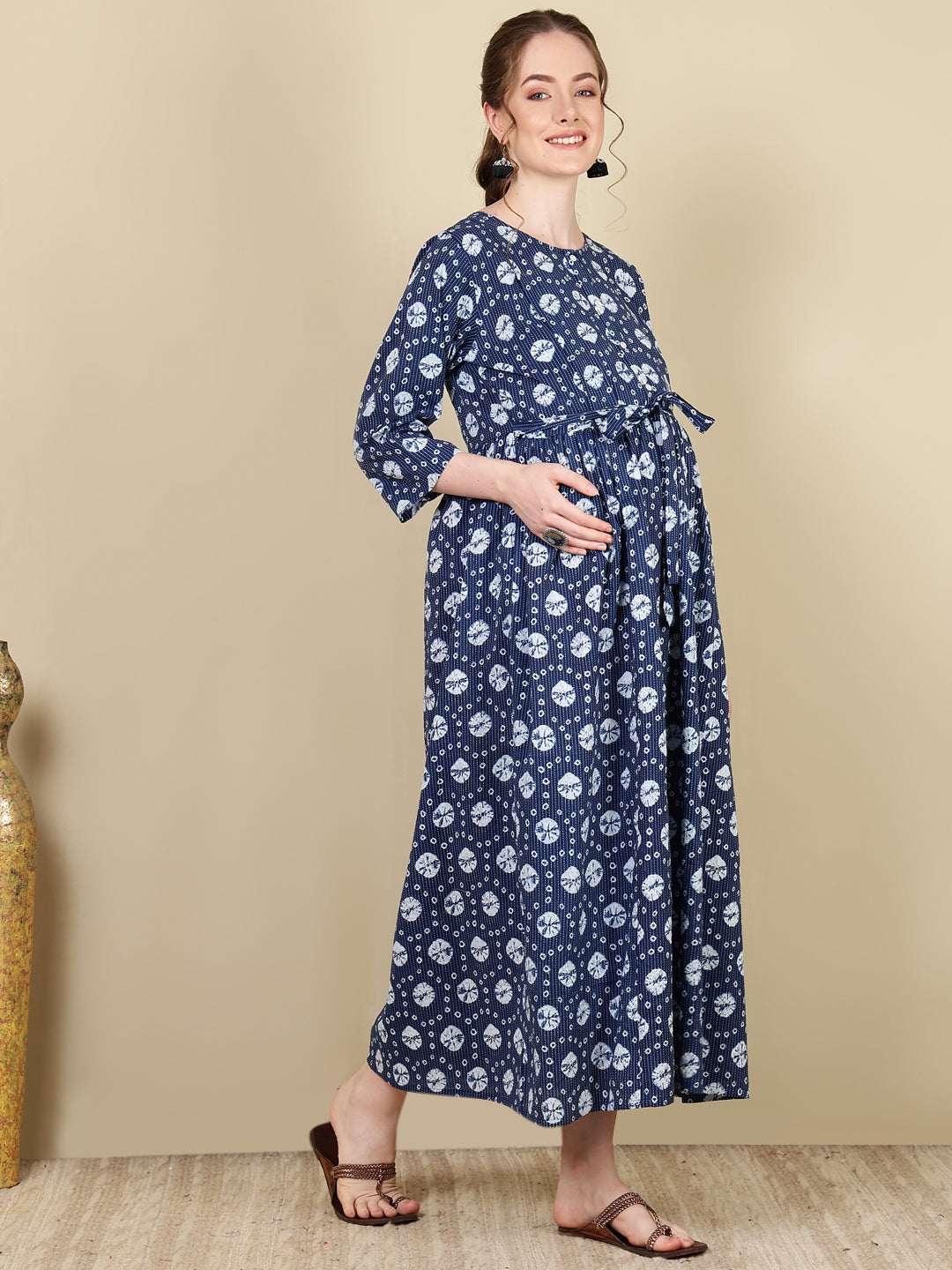 Women's Navy Blue Printed Flared Maternity Dress - Taantav