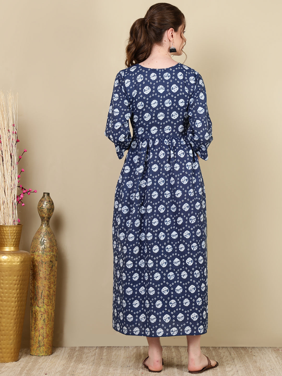 Women's Navy Blue Printed Flared Maternity Dress - Taantav