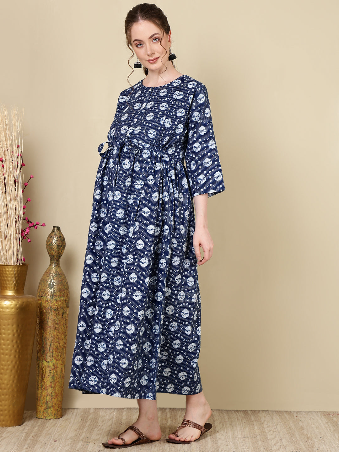 Women's Navy Blue Printed Flared Maternity Dress - Taantav