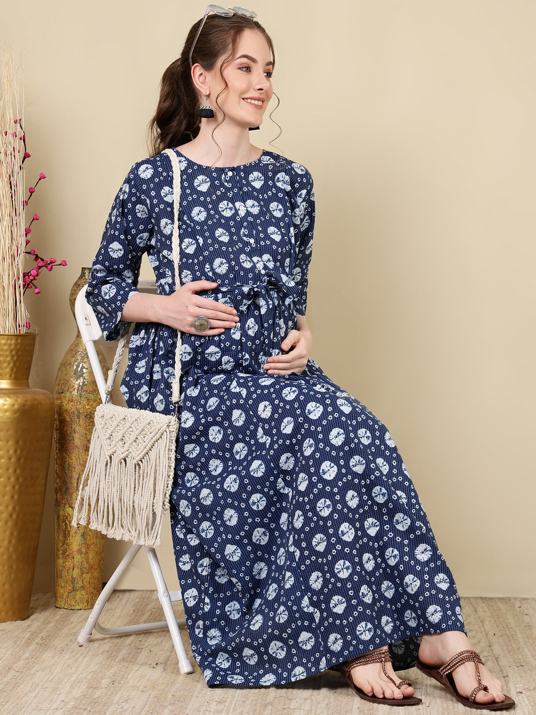 Women's Navy Blue Printed Flared Maternity Dress - Taantav