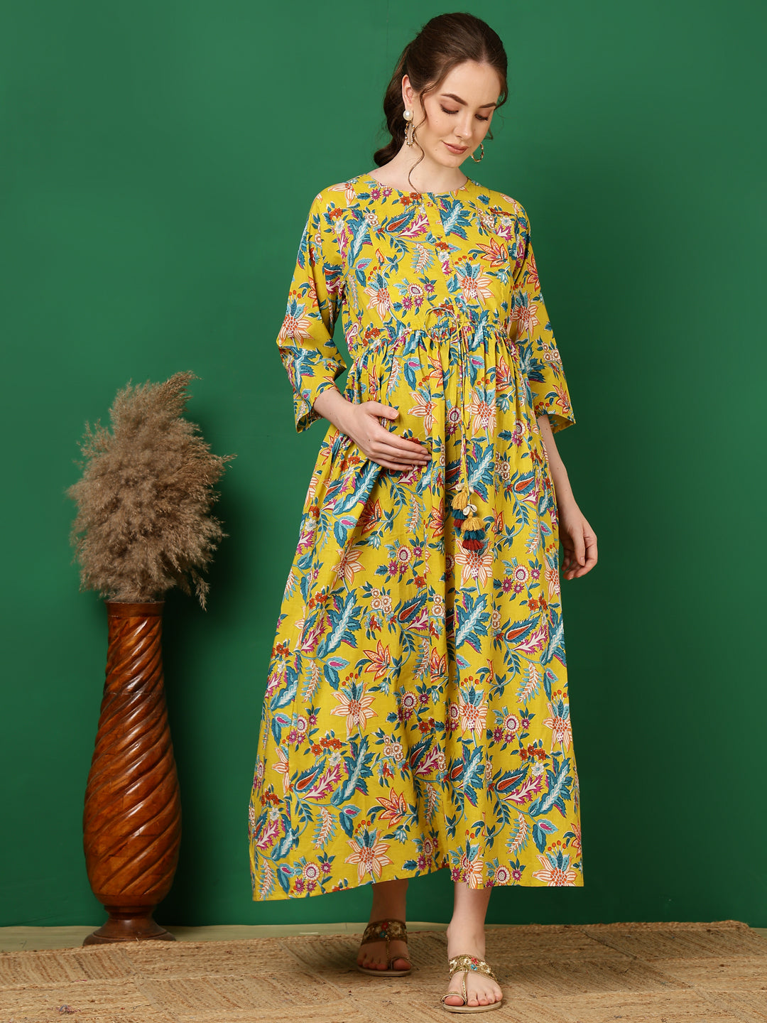 Women's Yellow Printed Flared Maternity Dress - Taantav