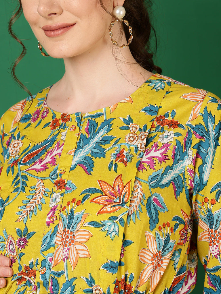 Women's Yellow Printed Flared Maternity Dress