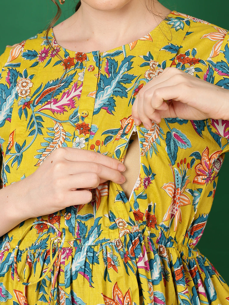 Women's Yellow Printed Flared Maternity Dress