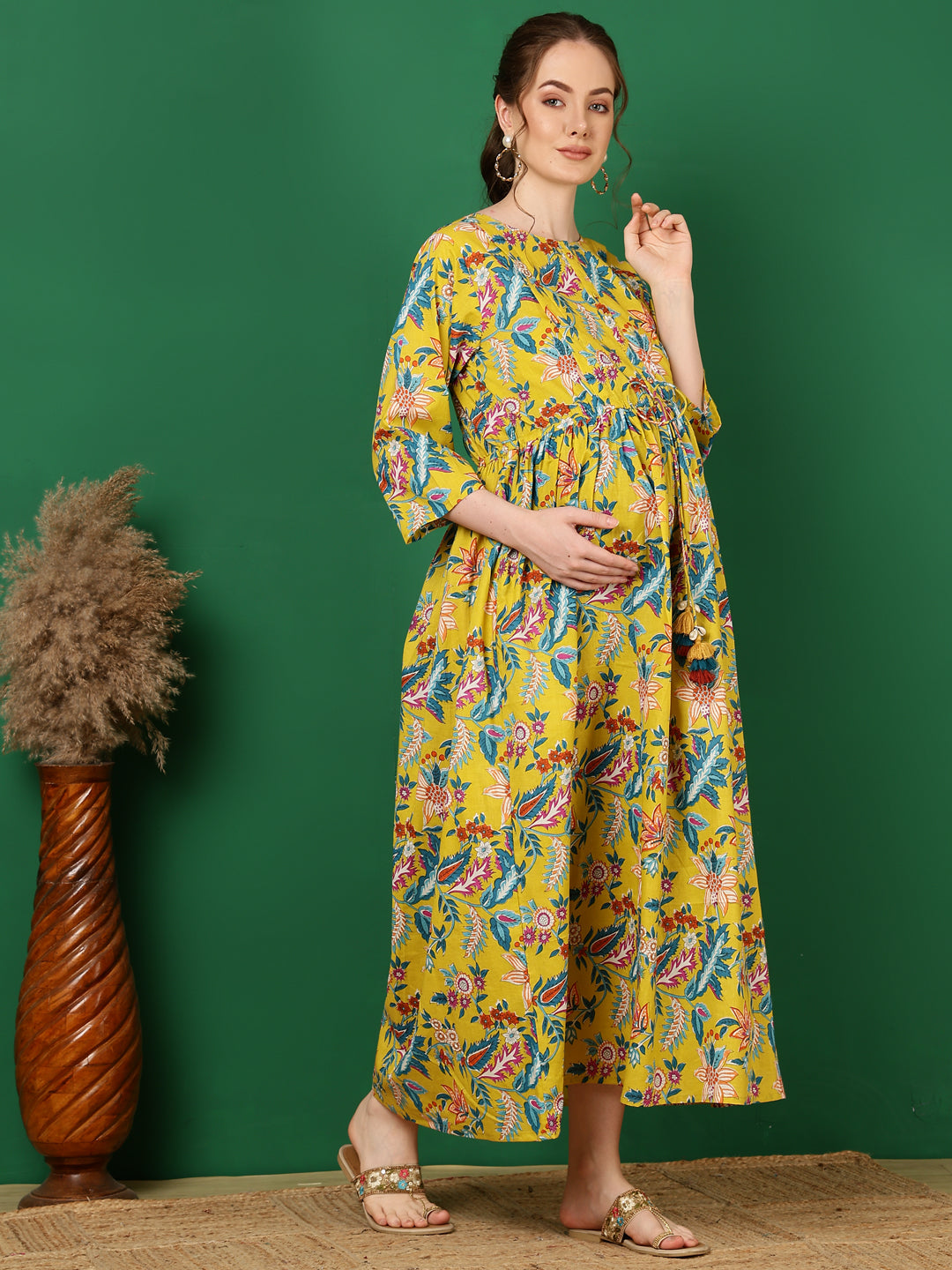 Women's Yellow Printed Flared Maternity Dress - Taantav