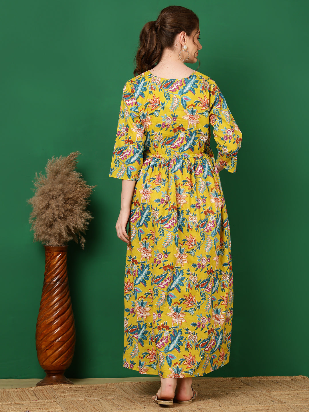 Women's Yellow Printed Flared Maternity Dress - Taantav