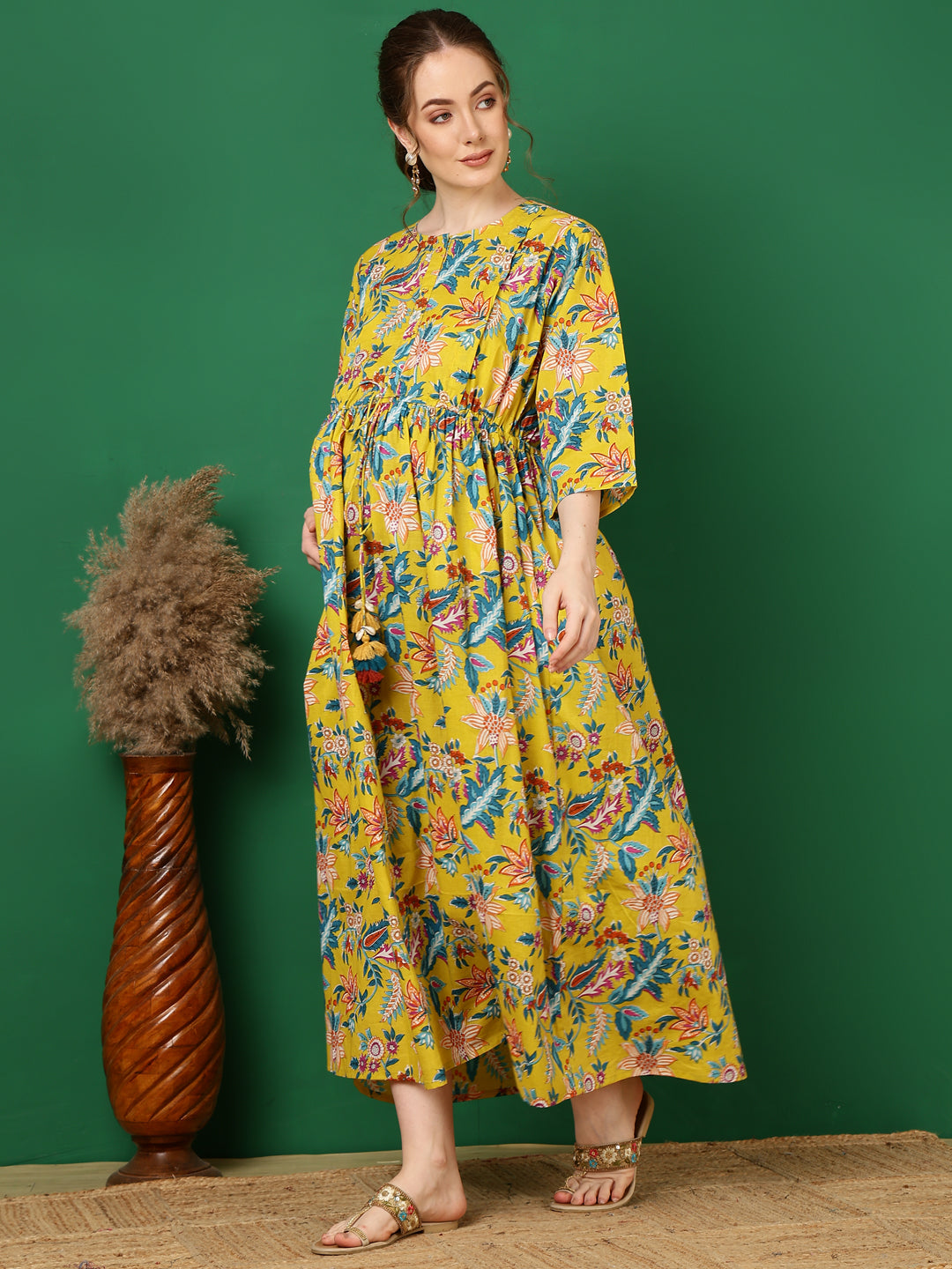 Women's Yellow Printed Flared Maternity Dress - Taantav