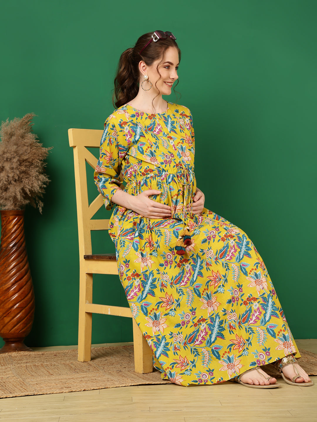 Women's Yellow Printed Flared Maternity Dress - Taantav