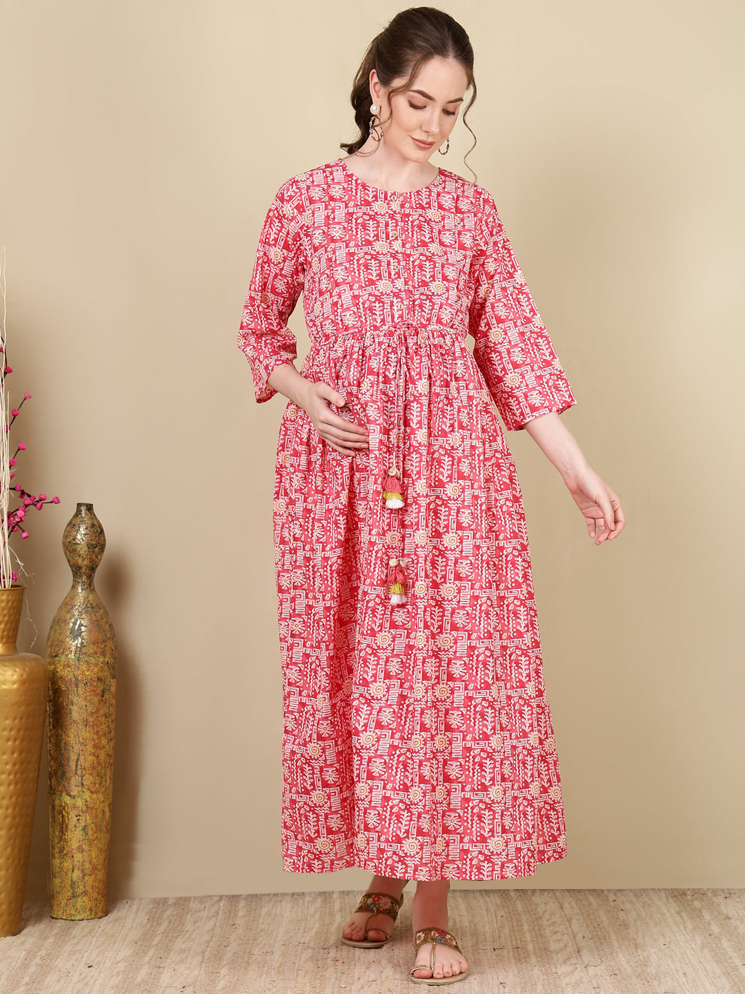 Women's Pink Printed Flared Maternity Dress - Taantav