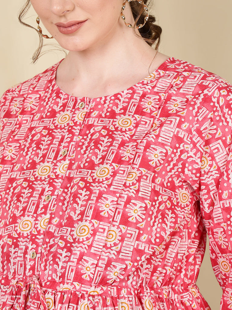Women's Pink Printed Flared Maternity Dress