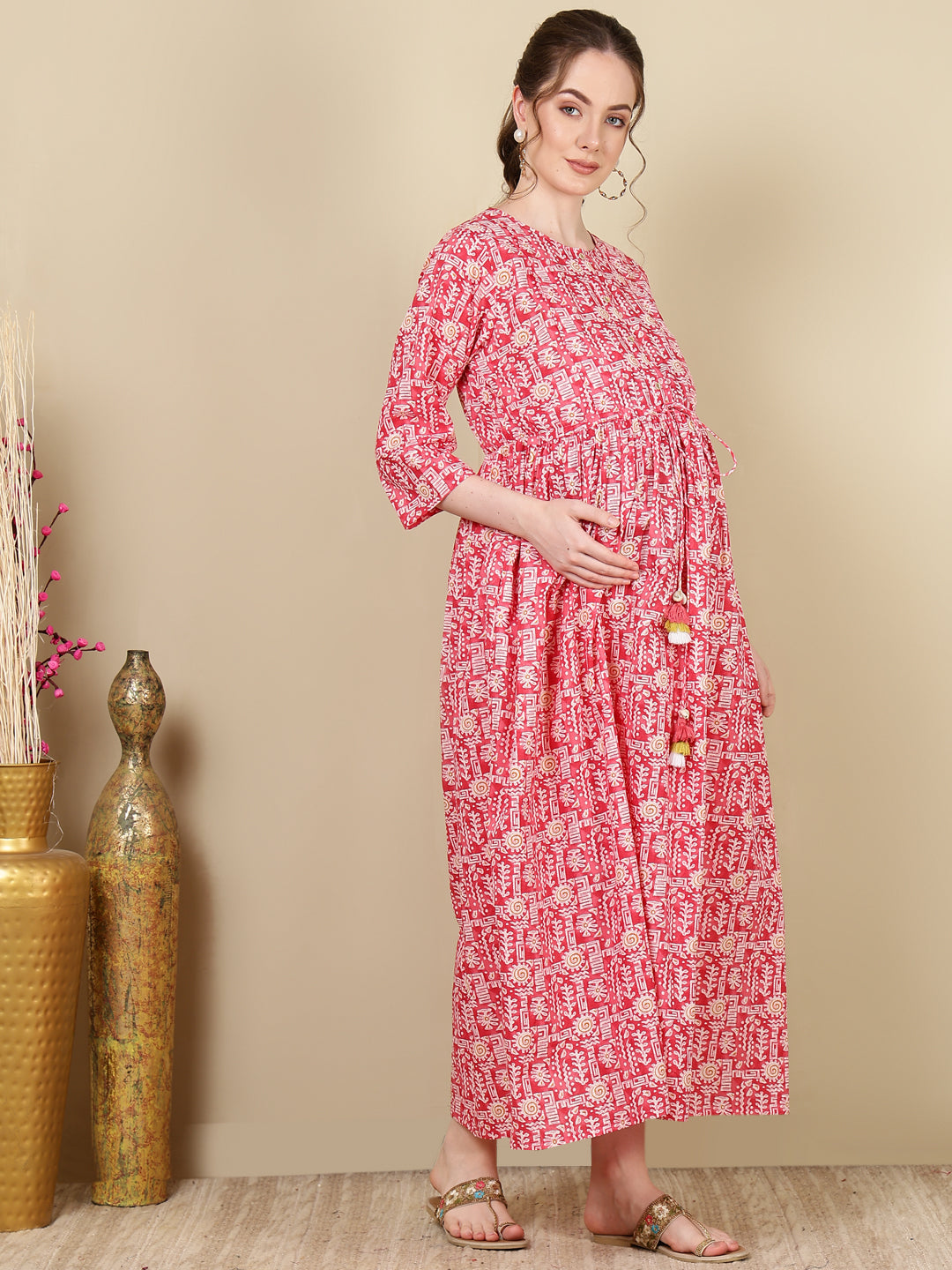 Women's Pink Printed Flared Maternity Dress - Taantav