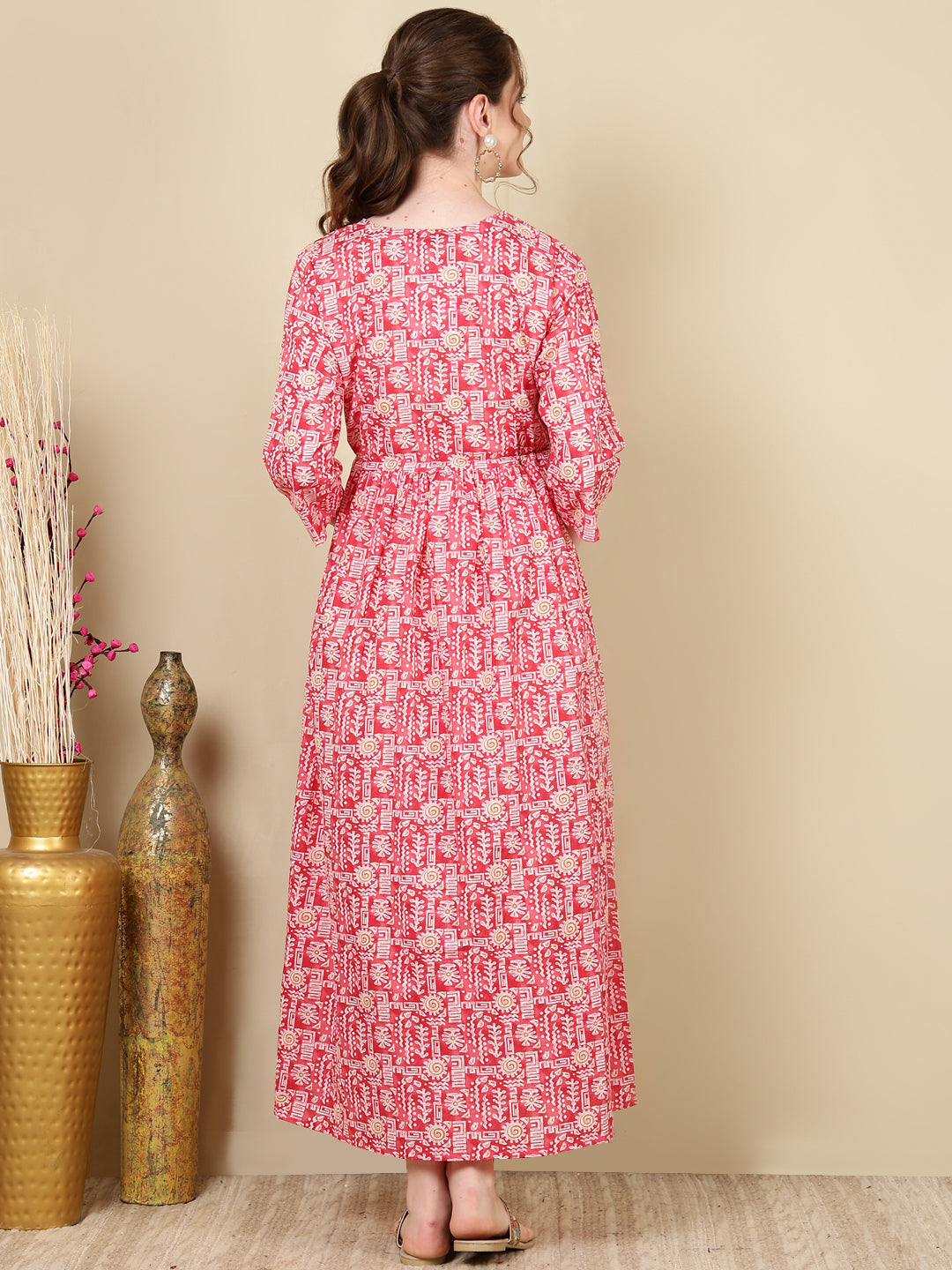 Women's Pink Printed Flared Maternity Dress - Taantav