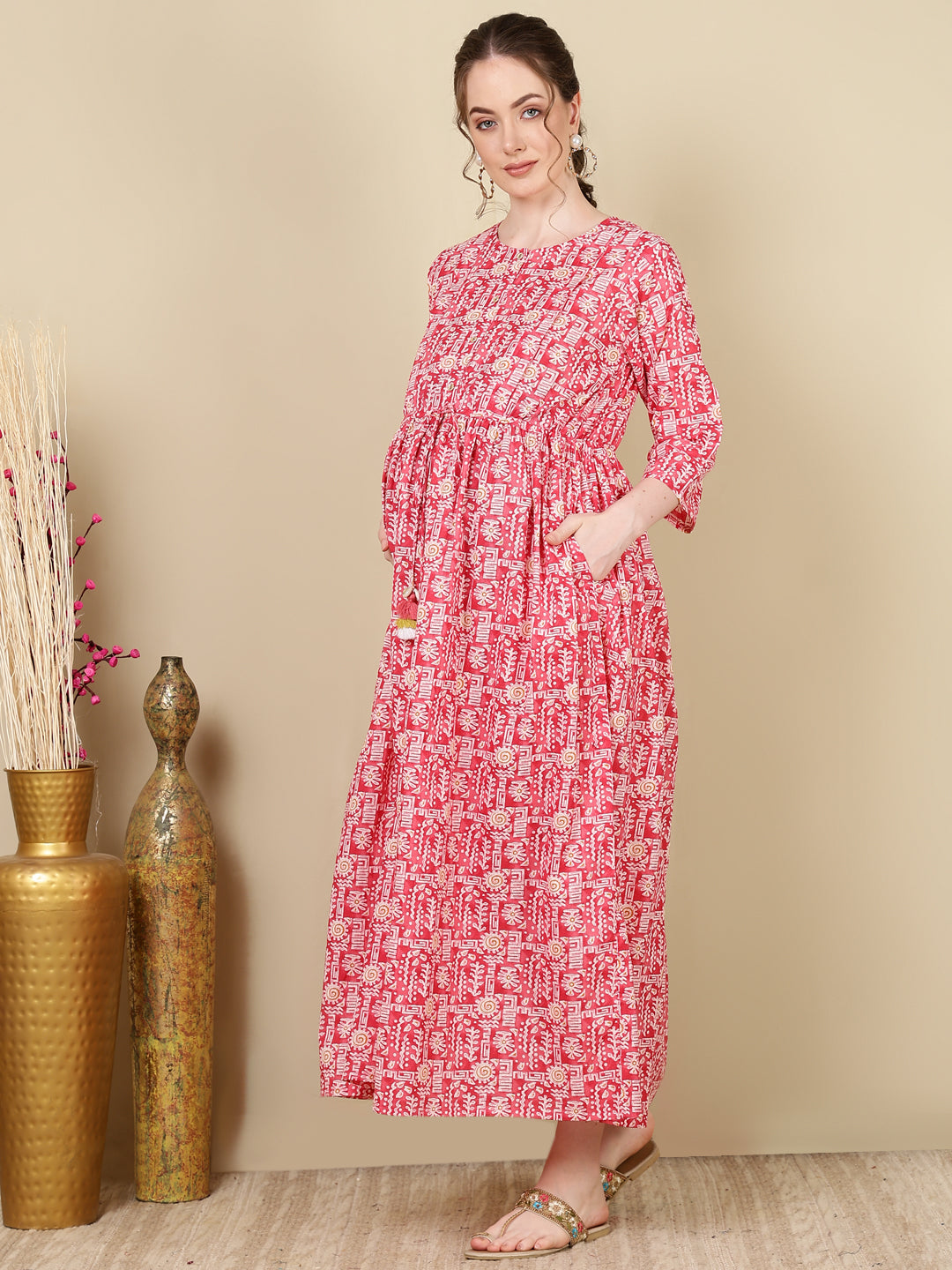 Women's Pink Printed Flared Maternity Dress - Taantav