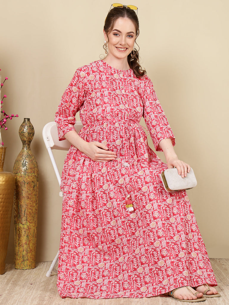 Women's Pink Printed Flared Maternity Dress