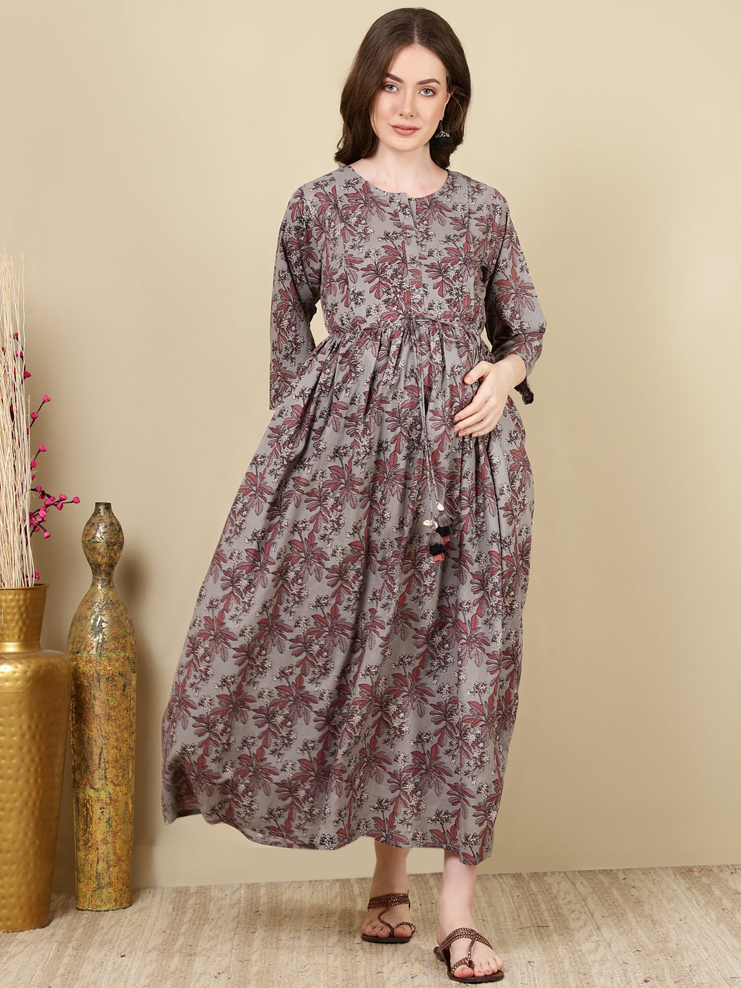 Women's Grey Printed Flared Maternity Dress - Taantav