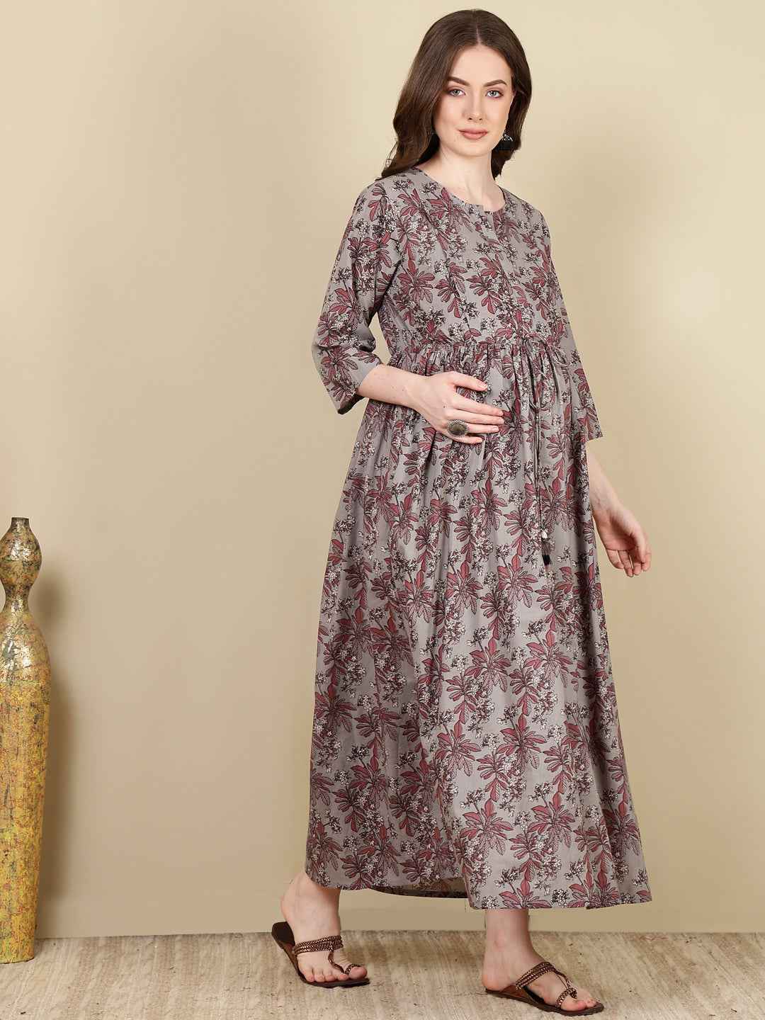 Women's Grey Printed Flared Maternity Dress - Taantav