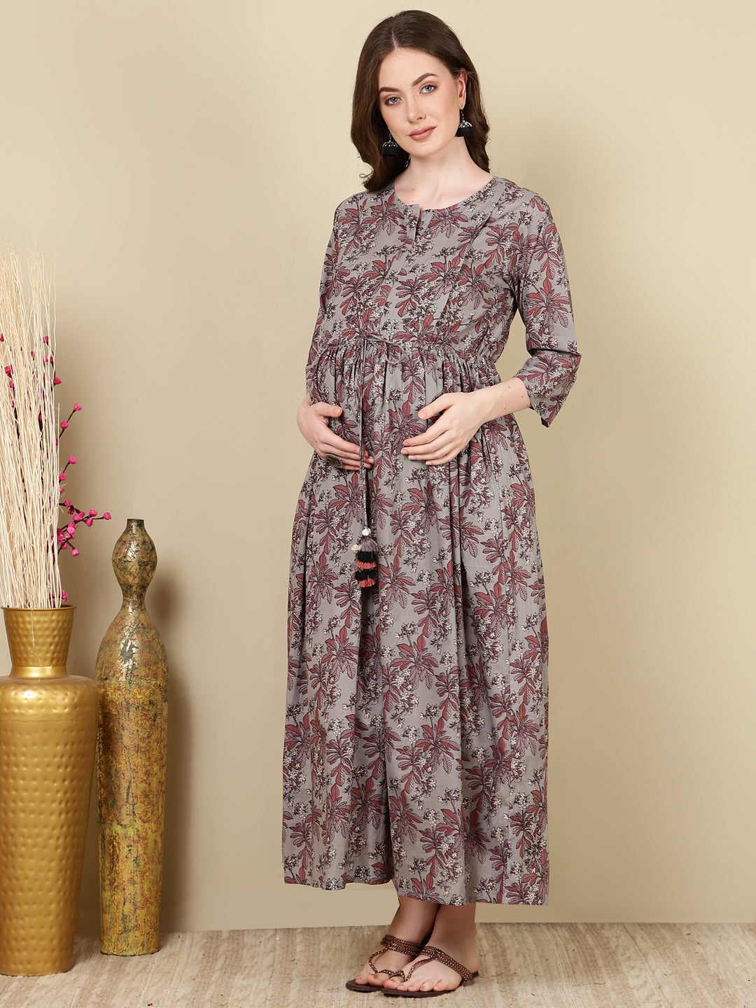 Women's Grey Printed Flared Maternity Dress - Taantav