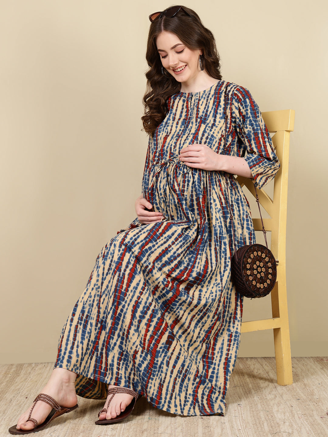 Women's Multi Printed Flared Maternity Dress - Taantav