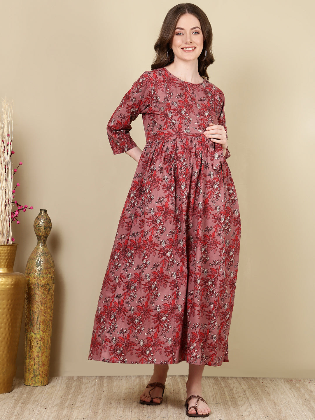 Women's Mauve Floral Printed Flared Maternity Dress - Taantav