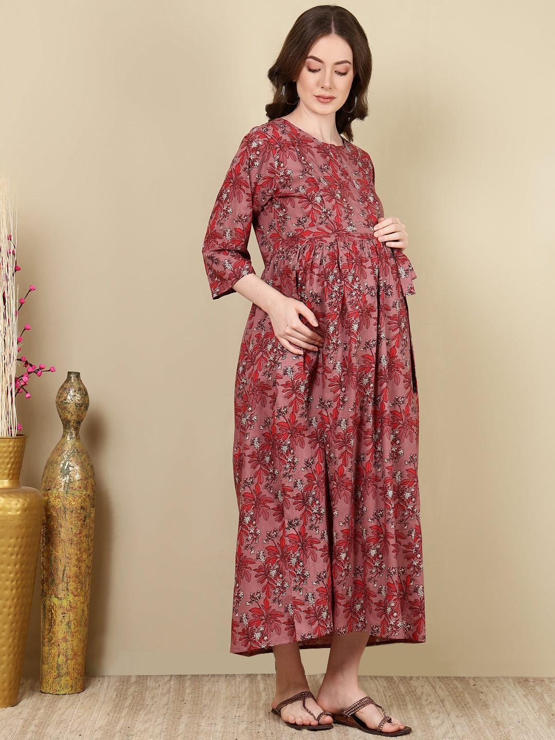 Women's Mauve Floral Printed Flared Maternity Dress - Taantav