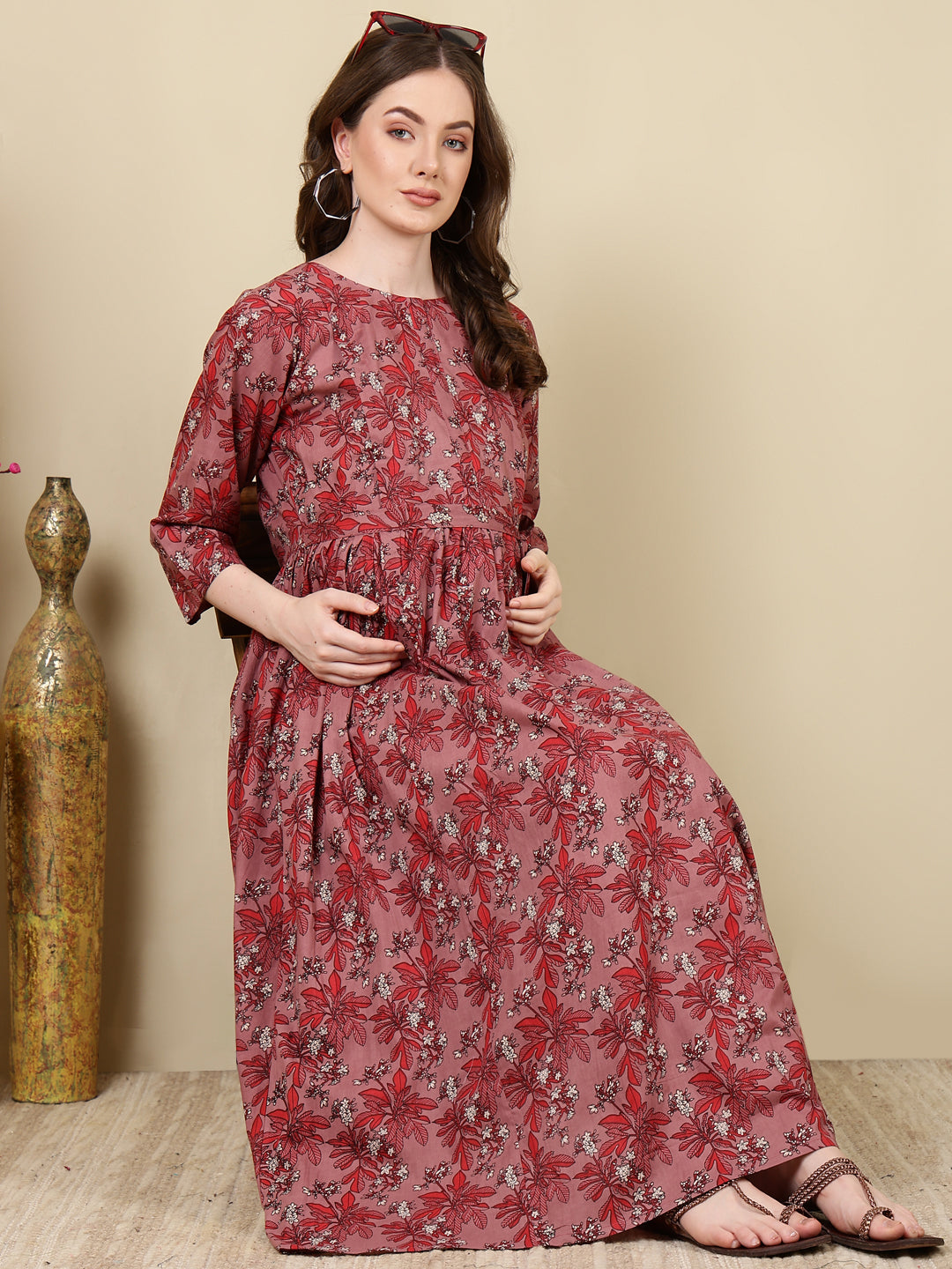 Women's Mauve Floral Printed Flared Maternity Dress - Taantav