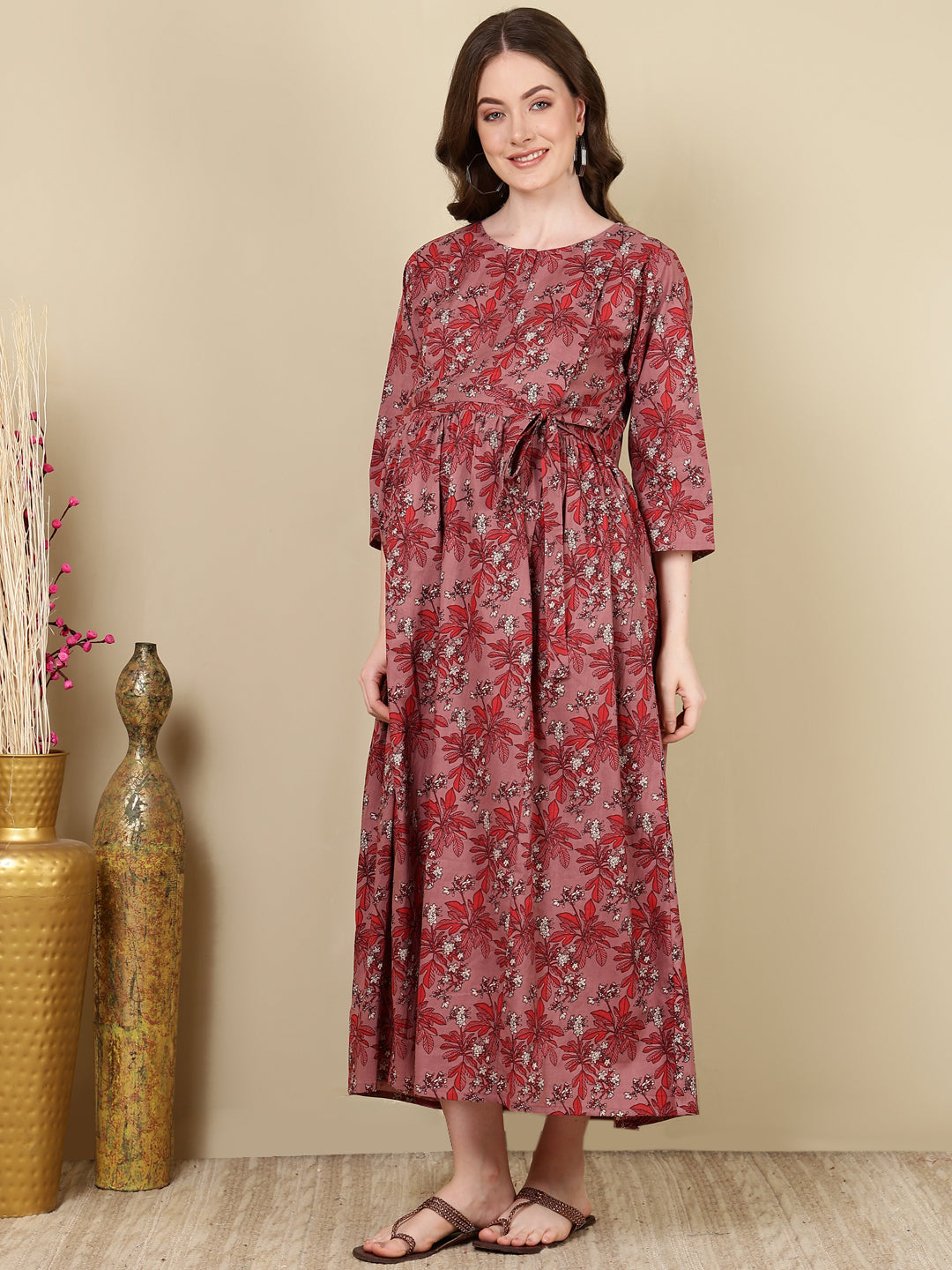 Women's Mauve Floral Printed Flared Maternity Dress - Taantav