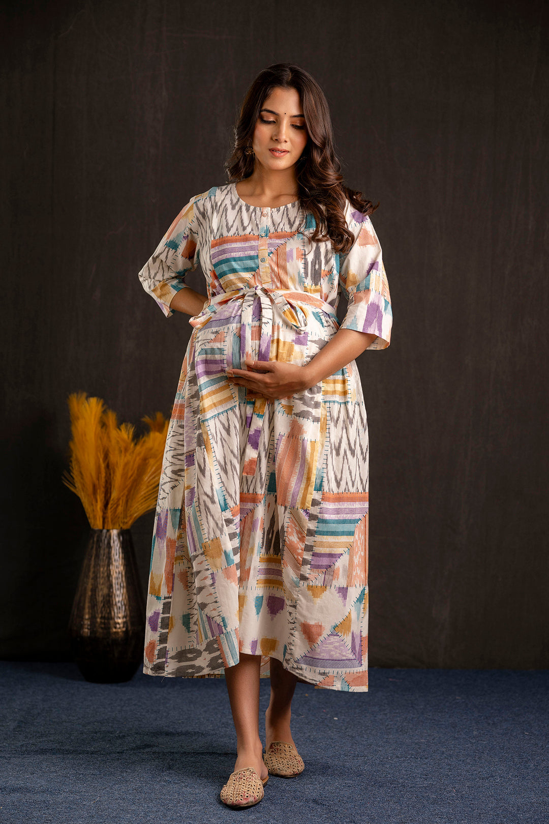 Women's Multi Printed Flared Maternity Dress - Taantav