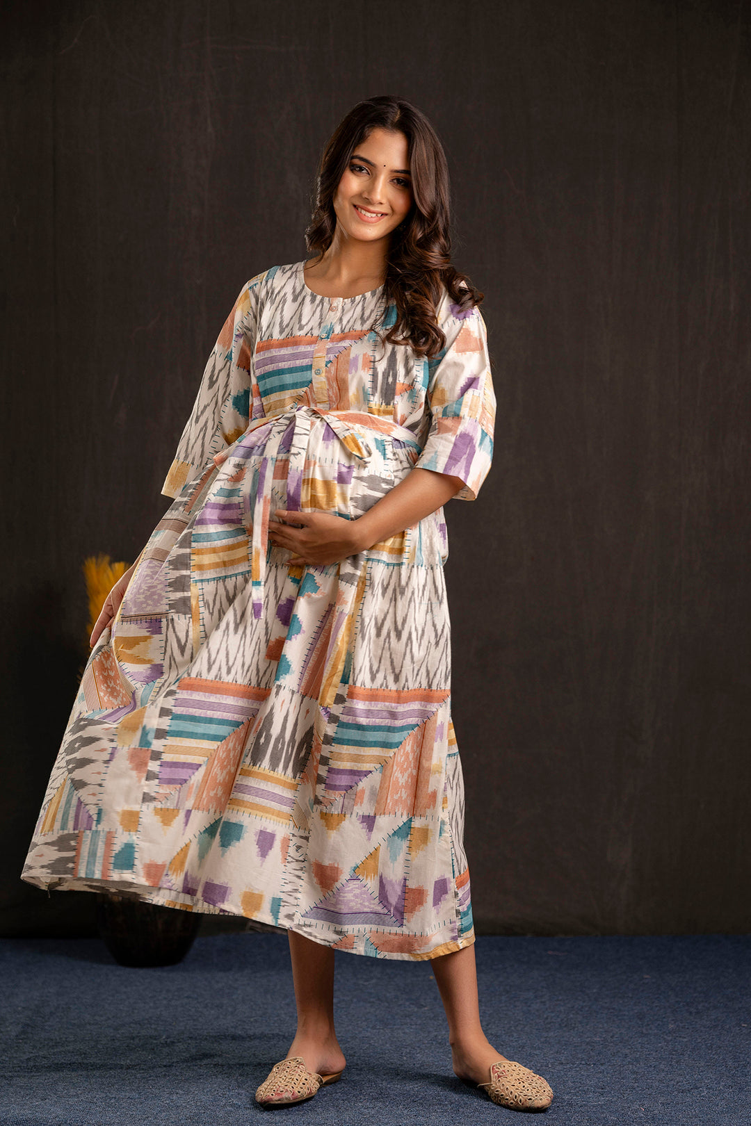 Women's Multi Printed Flared Maternity Dress - Taantav