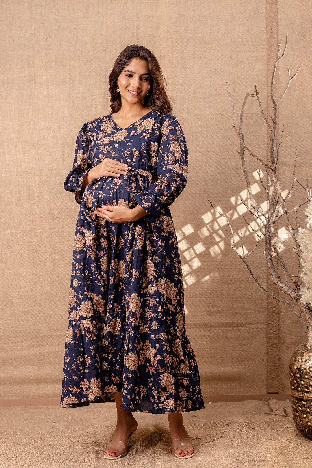 Women's Navy Blue Printed Flared Maternity Dress - Taantav