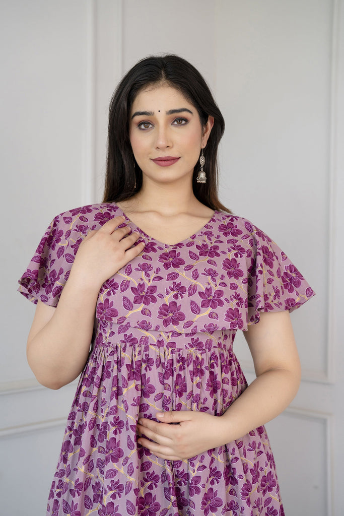 Women's Purple Printed Flared Maternity Dress