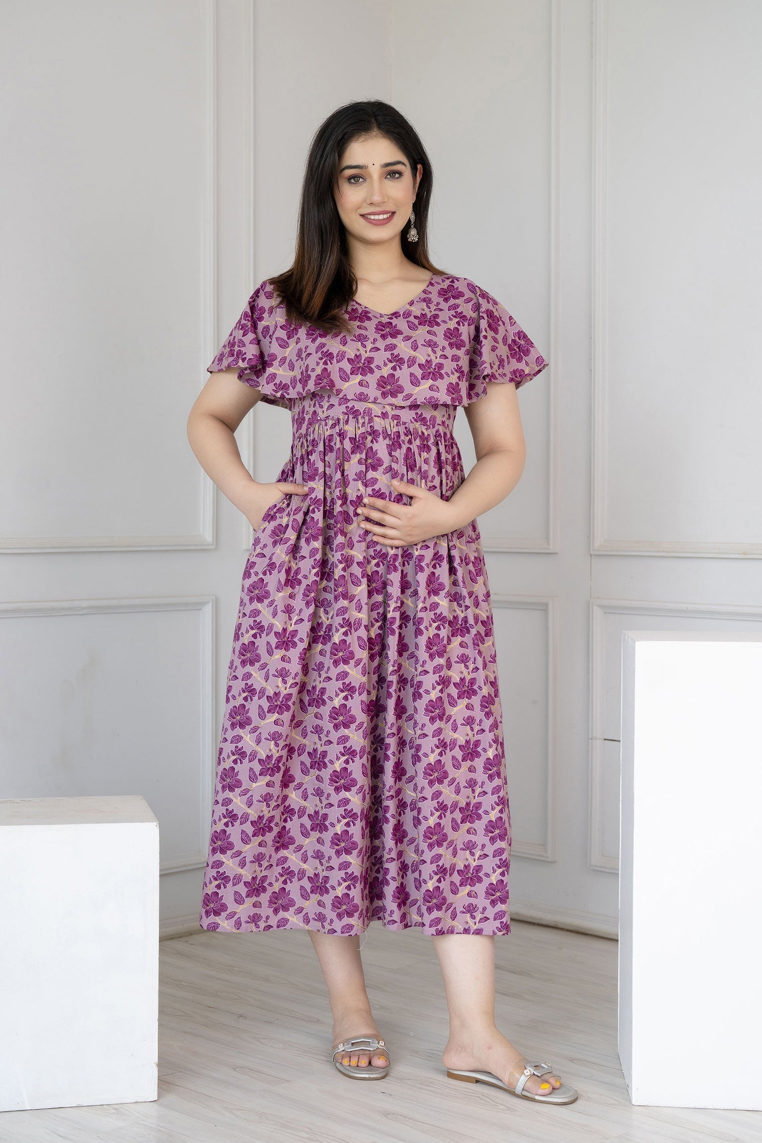 Women's Purple Printed Flared Maternity Dress - Taantav