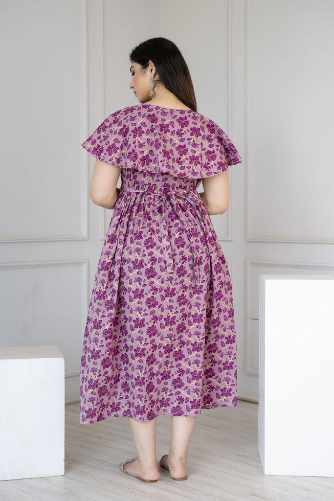 Women's Purple Printed Flared Maternity Dress