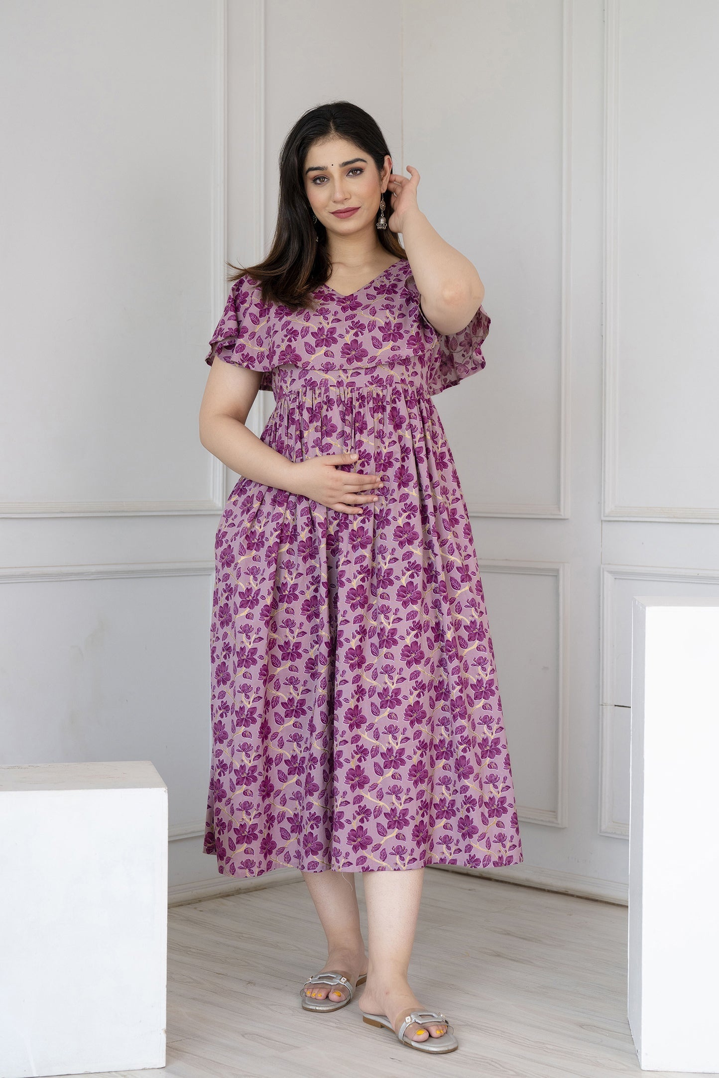 Women's Purple Printed Flared Maternity Dress - Taantav