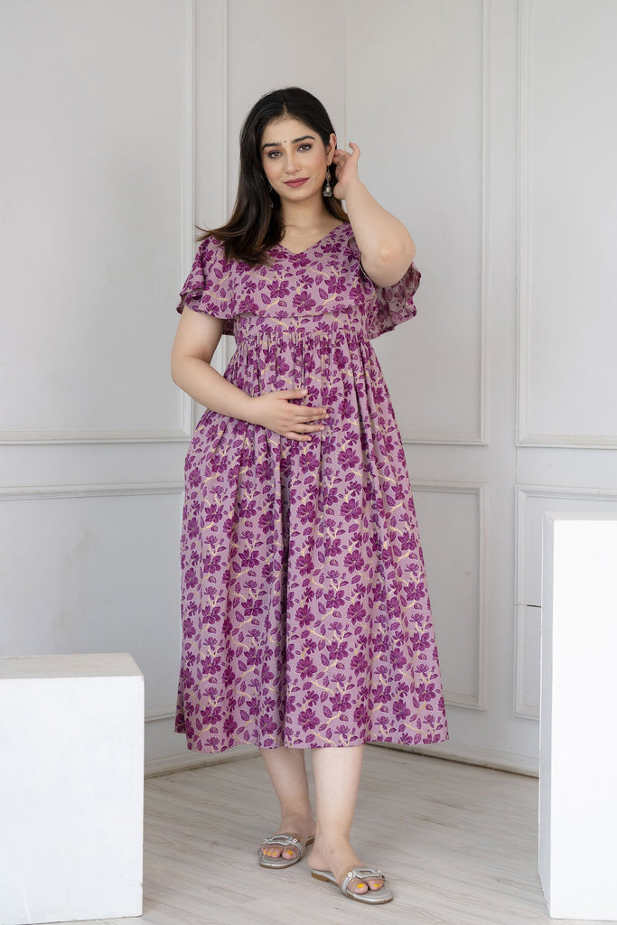 Women's Purple Printed Flared Maternity Dress