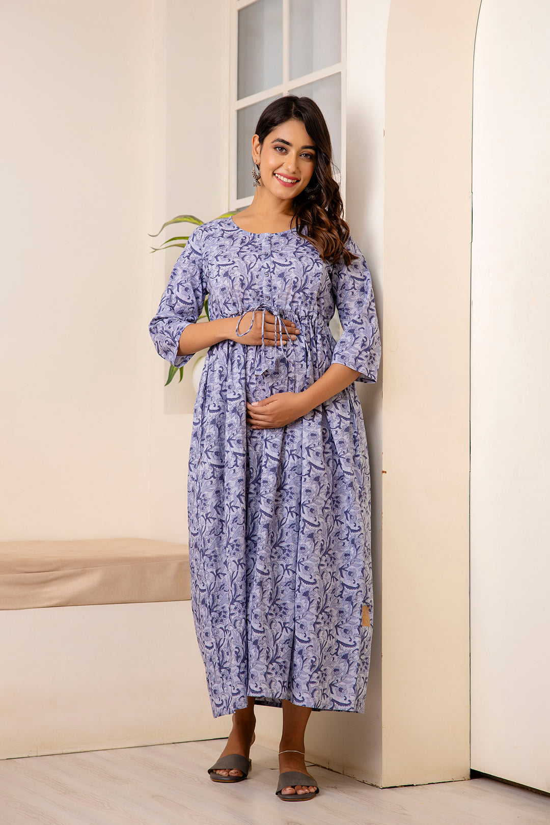 Women's Grey Printed Flared Maternity Dress - Taantav